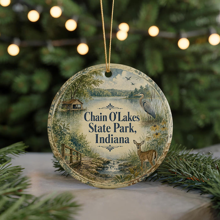 A round ornament with a scenic landscape featuring a lake, a cabin, and wildlife, including a deer, is displayed in front of a blurred background with Christmas lights.