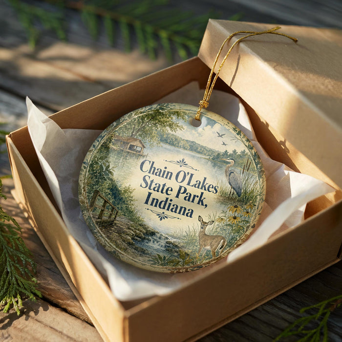 A decorative ornament in a wooden box, featuring a scenic landscape with a lake, trees, and wildlife.