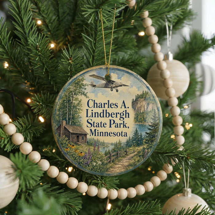A round ornament on a Christmas tree, featuring a scenic landscape with a cabin and a plane flying overhead.