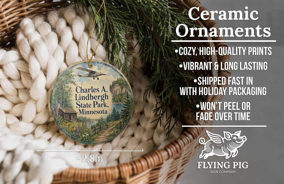 a ceramic ornament hanging from a wicker basket, with a text overlay providing information about the ornament.