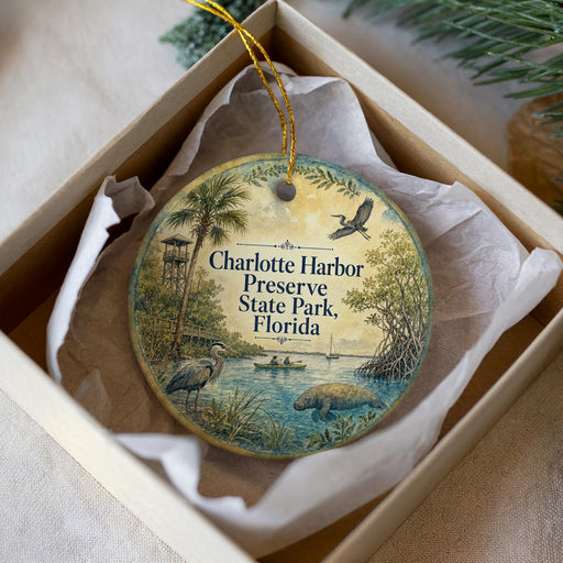A round ornament with a tropical scene depicting a bird, palm tree, and water, along with text that reads "Charlotte Harbor Preserve State Park, Florida".