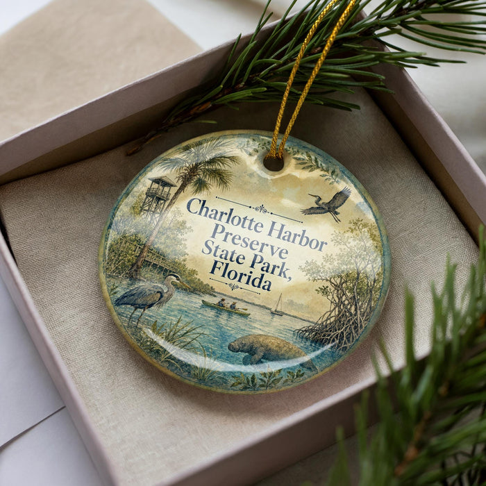 A decorative ornament in a box, featuring illustrations of wildlife and natural scenery, including a bird, a crane, and a manatee.