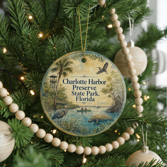 A round ornament hanging on a Christmas tree, featuring an illustration of a bird, palm tree, and water with a manatee.