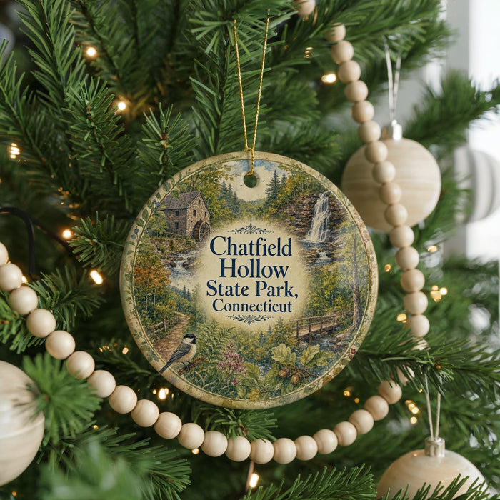 A round ornament hanging on a Christmas tree, featuring a scenic image of a waterfall and a bird.