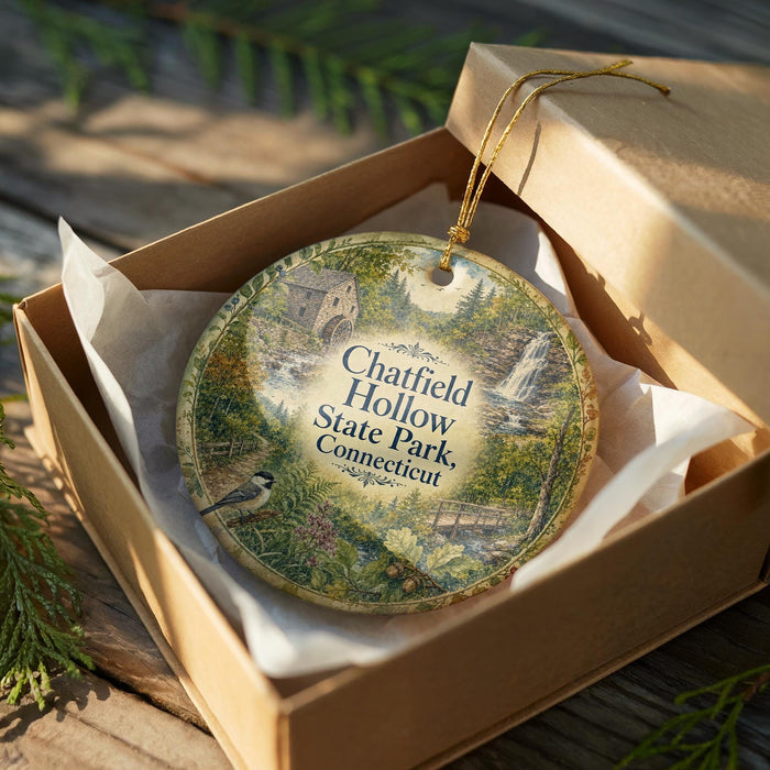 A decorative ornament in a cardboard box, featuring a scenic landscape with a bird and a waterfall.