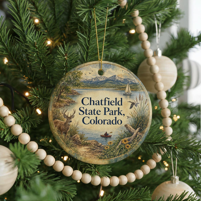 A round ornament hanging on a Christmas tree, featuring a scenic landscape with mountains, a lake, and a boat.