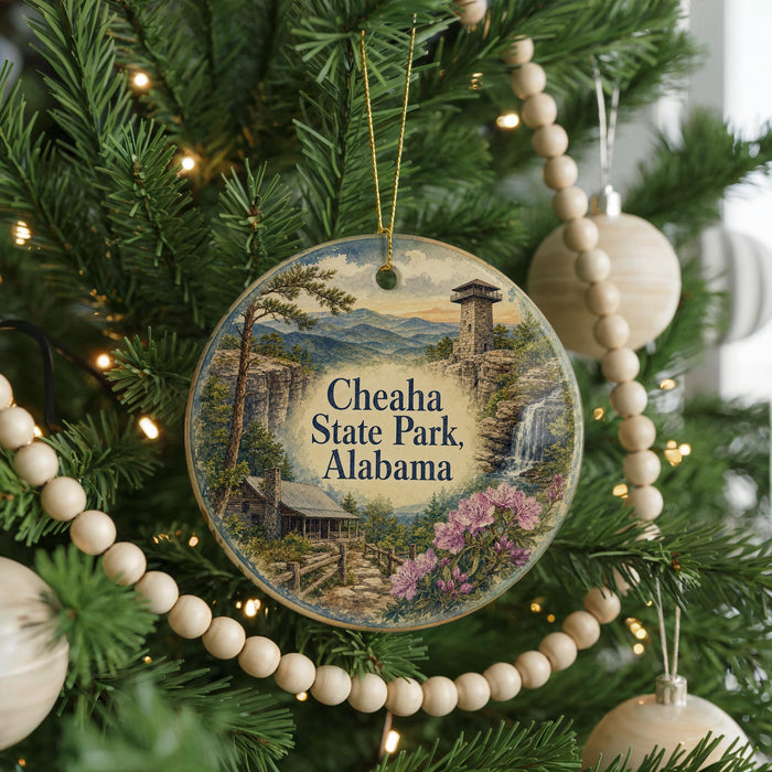 A round ornament hanging on a Christmas tree, featuring a scenic landscape with a tower and mountains in the background.