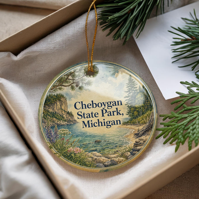 A decorative ornament with a scenic landscape of Cheboygan State Park, Michigan, hanging from a string.