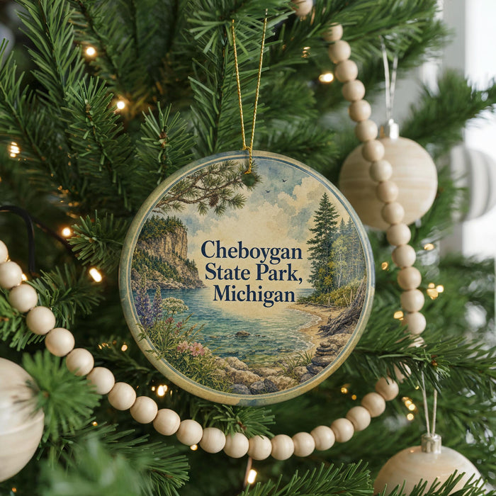 A round ornament hanging on a Christmas tree, featuring a scenic landscape with a lake and mountains.