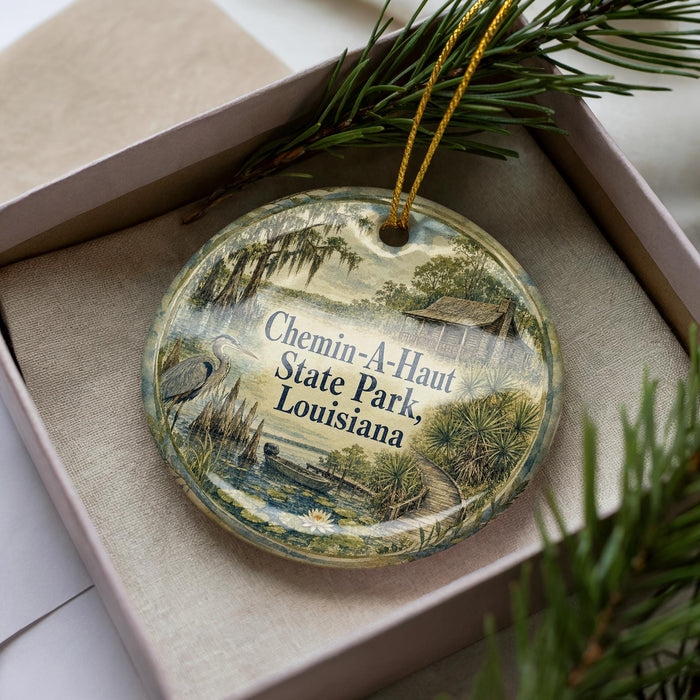 A decorative ornament in a box, featuring a scenic landscape with a body of water, trees, and a bird.
