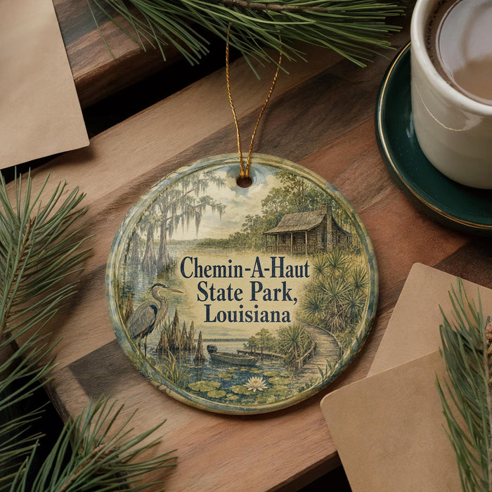 A round ornament with a painting of a bird and a house, surrounded by pine branches and a cup of coffee on a wooden surface.
