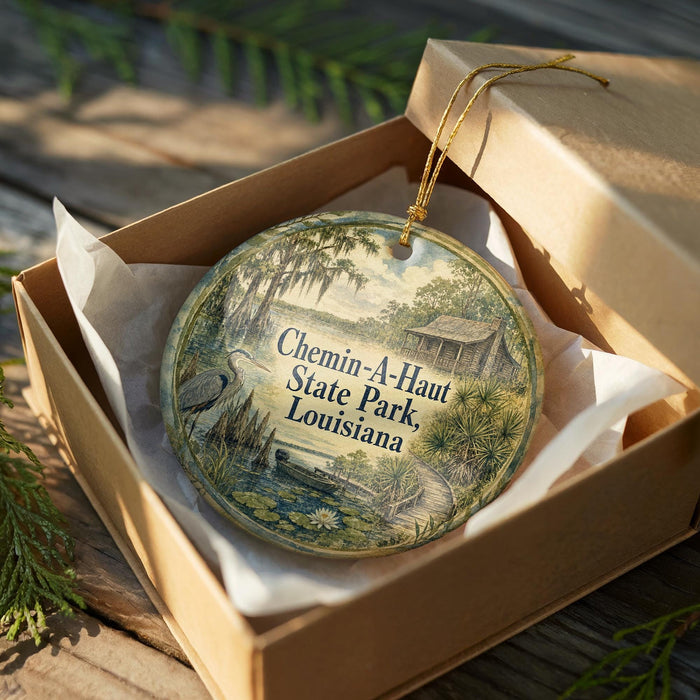 A circular ornament with a painting of a park scene, placed in a cardboard box with a string hanging from it.