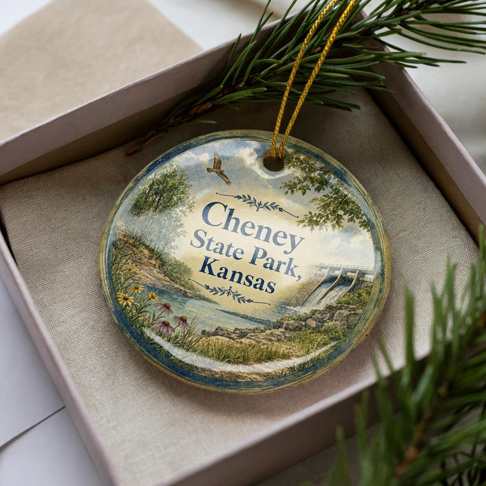 A decorative ornament in a box, featuring a scenic landscape with a river, trees, and a bridge.