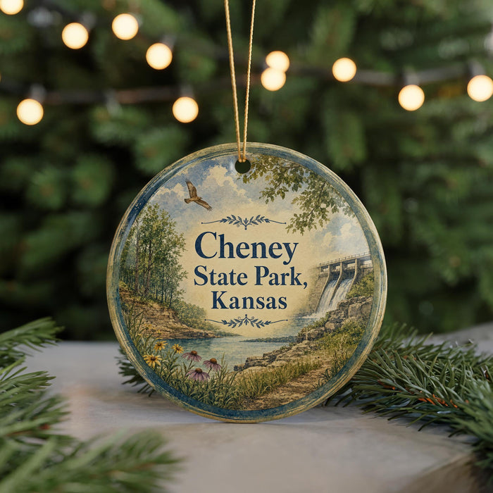 A round ornament with a scenic landscape of Cheney State Park, Kansas, featuring a waterfall and greenery.