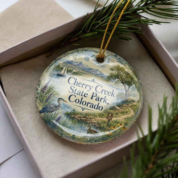 A decorative ornament in a box, featuring a scenic landscape with a lake, mountains, and a bird, along with the text "Cherry Creek State Park, Colorado".