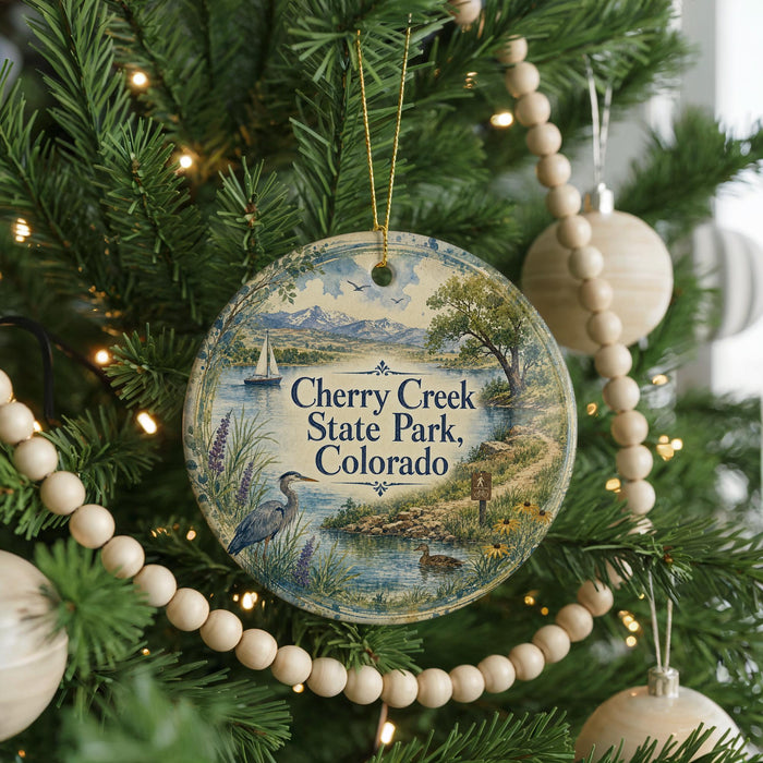 A round ornament hanging on a Christmas tree, featuring a scenic image of Cherry Creek State Park in Colorado.