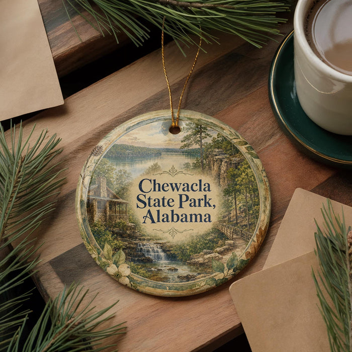 A decorative ornament featuring a scenic landscape of Chewala State Park, Alabama, with pine trees and a waterfall. The ornament is hanging on a wooden surface, accompanied by a cup of coffee and some papers.