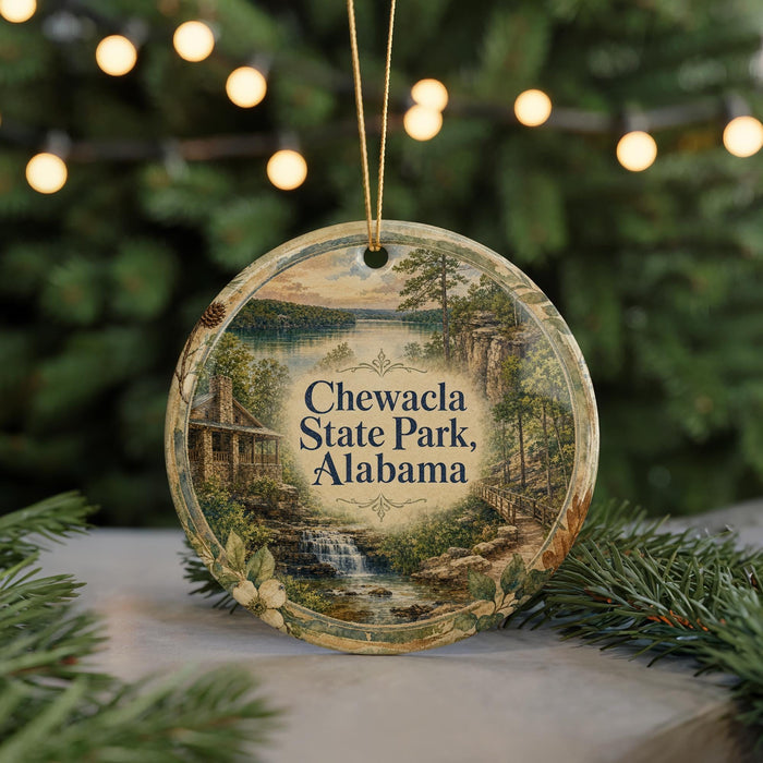 A circular ornament with a scenic landscape of Chewala State Park, Alabama, featuring a waterfall and pine trees, is displayed in front of a blurred background of Christmas lights.