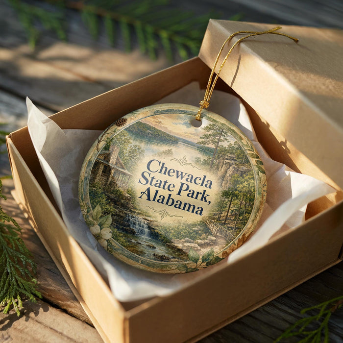 A decorative ornament in a wooden box, featuring a scenic landscape with a waterfall and pine trees.