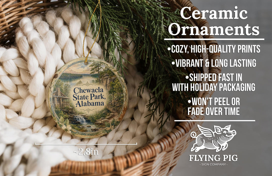 Ceramic ornaments, including a round ornament with a scenic image of Chewaca State Park, Alabama, hanging from a wicker basket.
