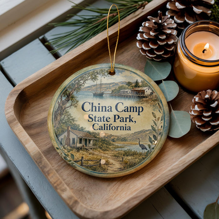 A decorative ornament with a scenic image of China Camp State Park, California, featuring a house, a boat, and a bird, is displayed on a wooden tray alongside pine cones and a lit candle.