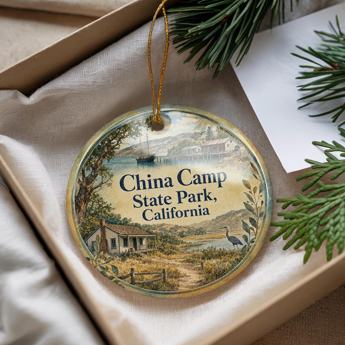 A round ornament with a scenic image of China Camp State Park, California, hanging from a string.