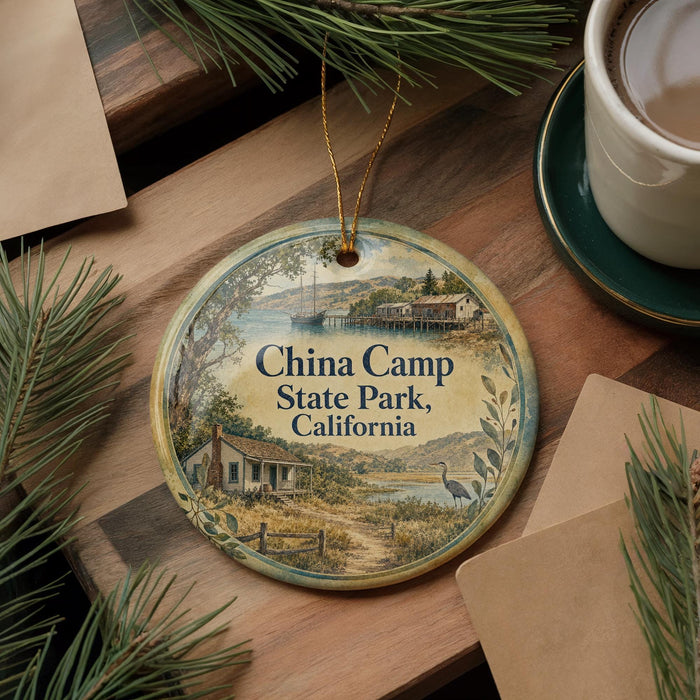 A round ornament with a scenic image of China Camp State Park, California, hanging on a wooden surface.
