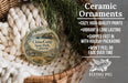Ceramic ornaments, featuring a round ornament with a scenic image of China Camp State Park, California, hanging from a wicker basket.