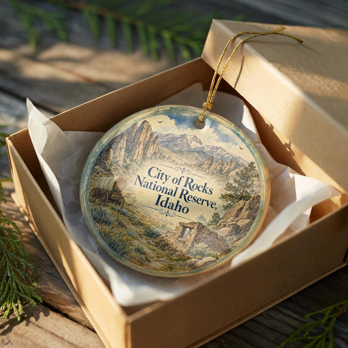 A decorative ornament in a box, featuring a scenic landscape with mountains and a small building, likely representing the City of Rocks National Reserve in Idaho.