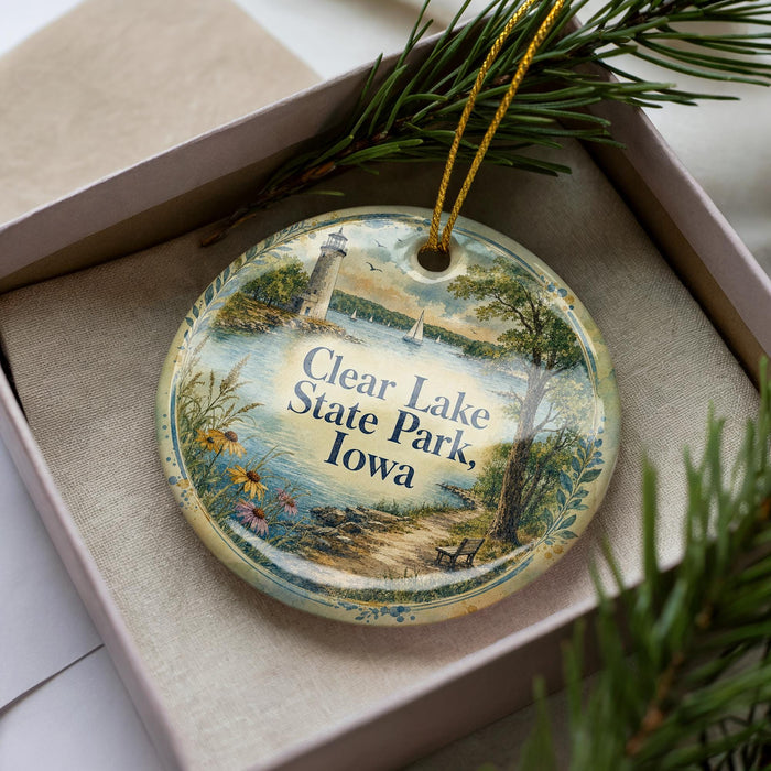 A decorative ornament in a box, featuring a lighthouse and a scenic landscape with a body of water.