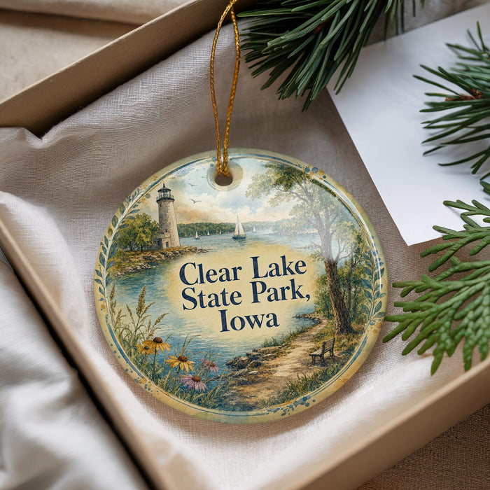 A decorative ornament with a lighthouse and a scenic landscape, featuring the text "Clear Lake State Park, Iowa".
