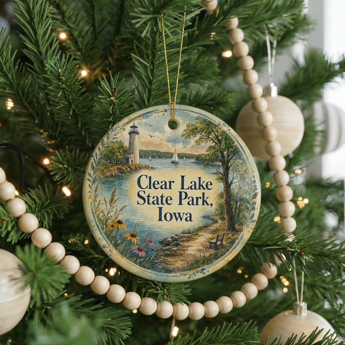 A round ornament on a Christmas tree, featuring a lighthouse and a scenic landscape, with the text "Clear Lake State Park, Iowa" displayed on it.