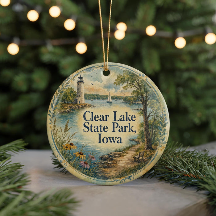 A decorative ornament featuring a lighthouse and a scenic landscape, with the text "Clear Lake State Park, Iowa" displayed on it.