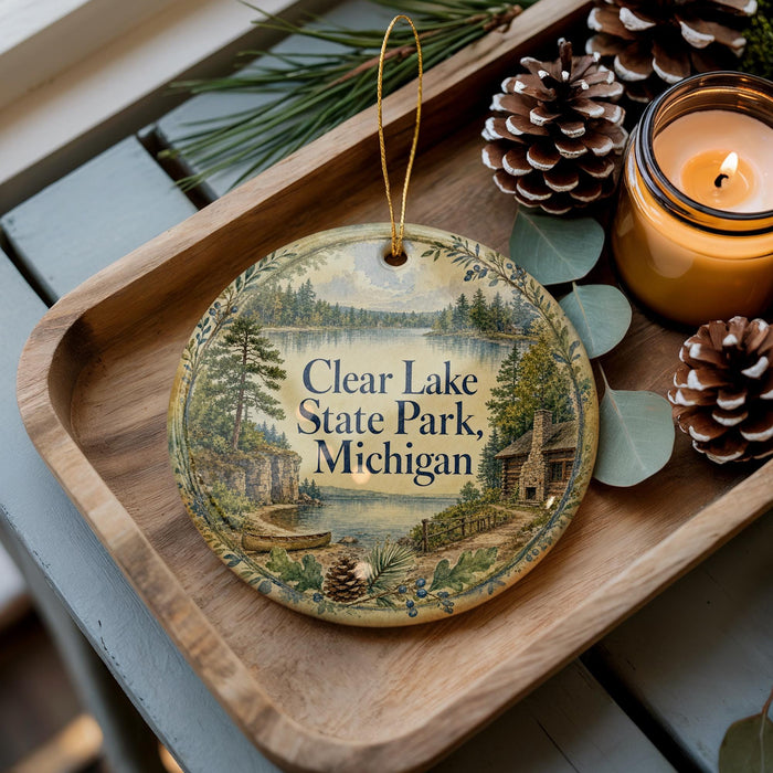 A decorative ornament with a scenic lake and forest landscape, featuring the text "Clear Lake State Park, Michigan" on it, placed on a wooden tray alongside pine cones and a lit candle.