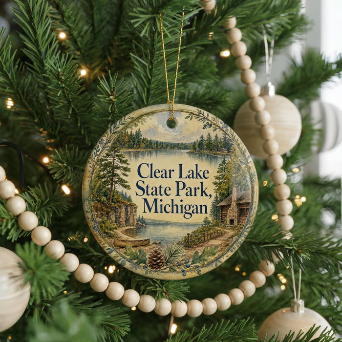A Christmas tree decorated with ornaments, including a round ornament with a scenic image of Clear Lake State Park, Michigan.