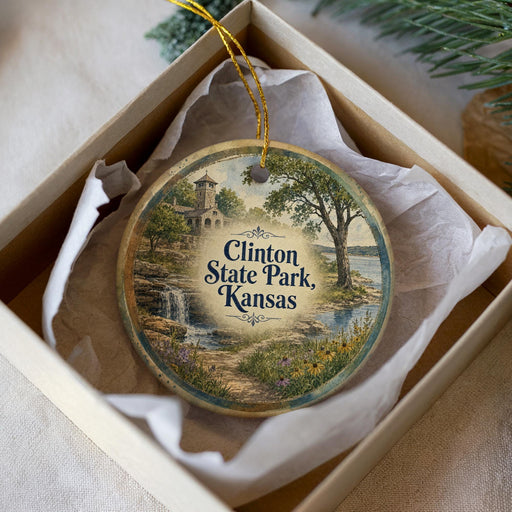 A decorative ornament in a box, featuring a scenic landscape with a waterfall and a castle in the background.