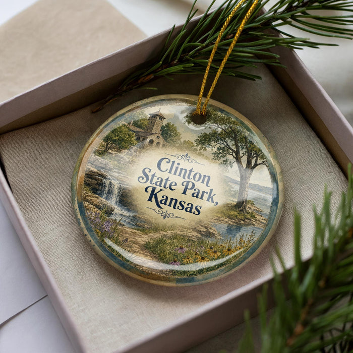 A decorative ornament in a box, featuring a scenic landscape with a waterfall and a castle, with the text "Clinton State Park, Kansas" prominently displayed.
