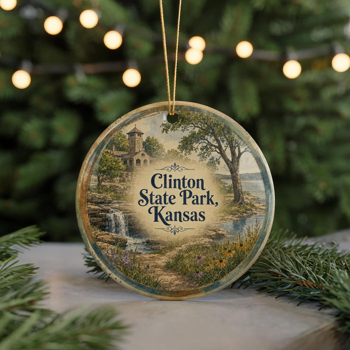 A circular ornament with a scenic landscape of Clinton State Park, Kansas, featuring a waterfall and a tree, is displayed against a blurred background of Christmas lights.
