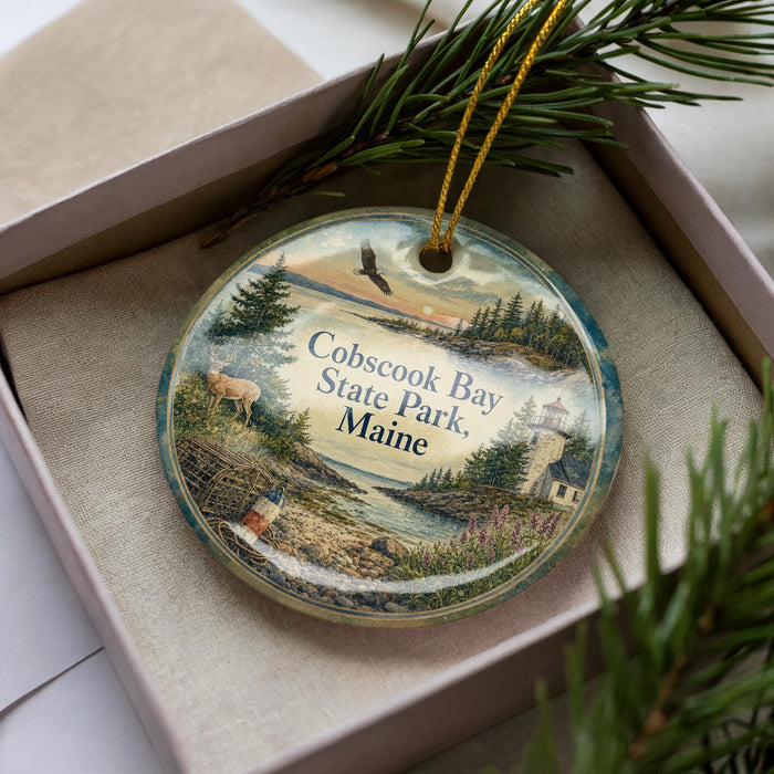 A decorative ornament in a box, featuring a scenic landscape with pine trees, a lighthouse, and a bird in flight.