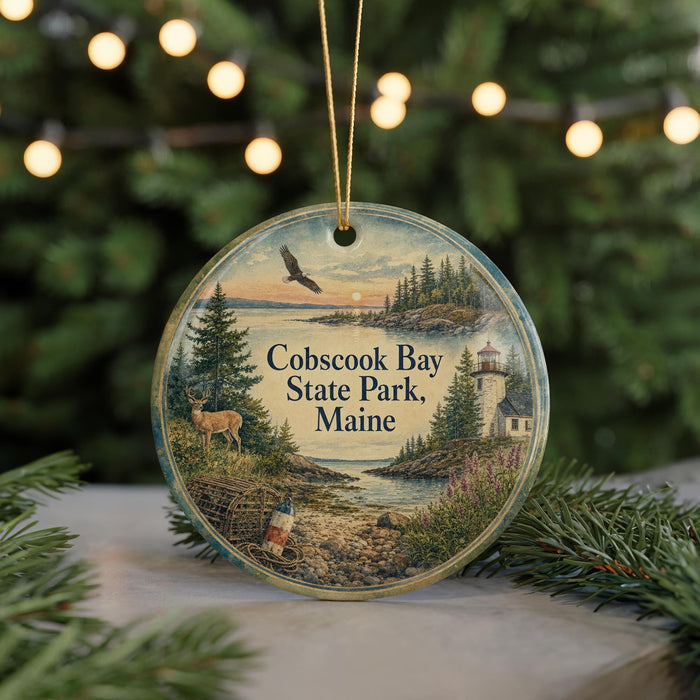 A round ornament with a scenic image of Cobscook Bay State Park, Maine, featuring a lighthouse, pine trees, and a deer.