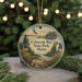 A round ornament with a scenic image of Cobscook Bay State Park, Maine, featuring a lighthouse, pine trees, and a deer.