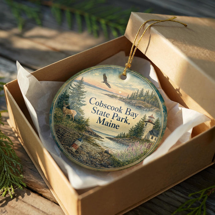 A decorative ornament in a box, featuring a scenic landscape with a lighthouse, trees, and a body of water.