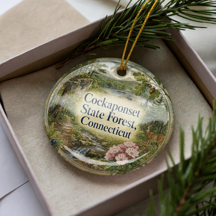 A decorative ornament in a box, featuring a scenic landscape with a river, trees, and wildlife.