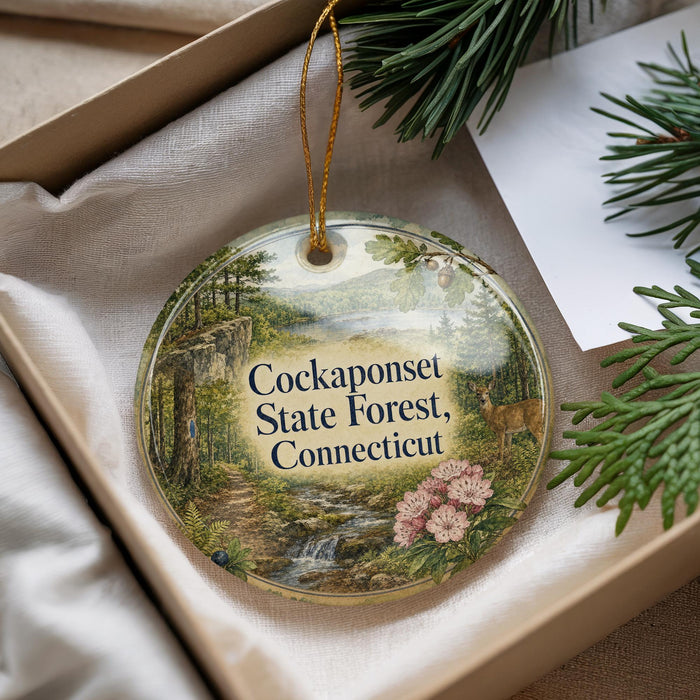 An oval ornament with a scenic forest landscape, featuring a waterfall and pine trees, is displayed in a box with pine branches.