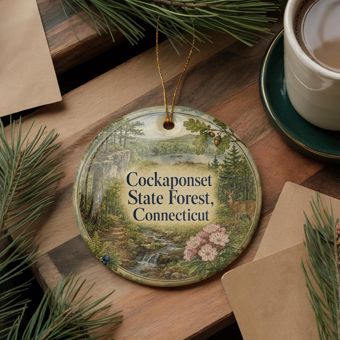 A decorative ornament featuring a scenic forest landscape with a waterfall, pine trees, and a deer, hanging on a wooden surface.