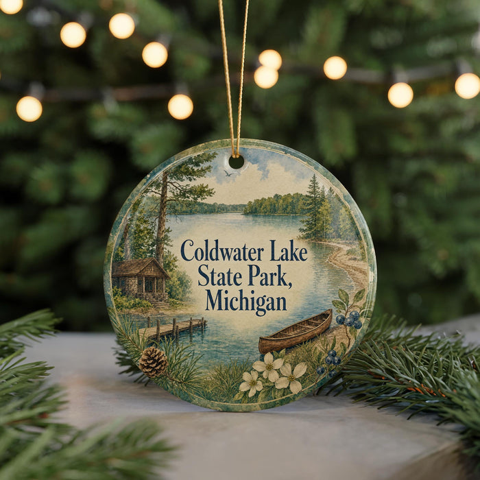 A circular ornament featuring a scenic image of Coldwater Lake State Park, Michigan, with a cabin, boat, and pine trees in the background.