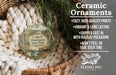 Ceramic ornaments hanging from a wicker basket, with text describing the ornaments' features and benefits.
