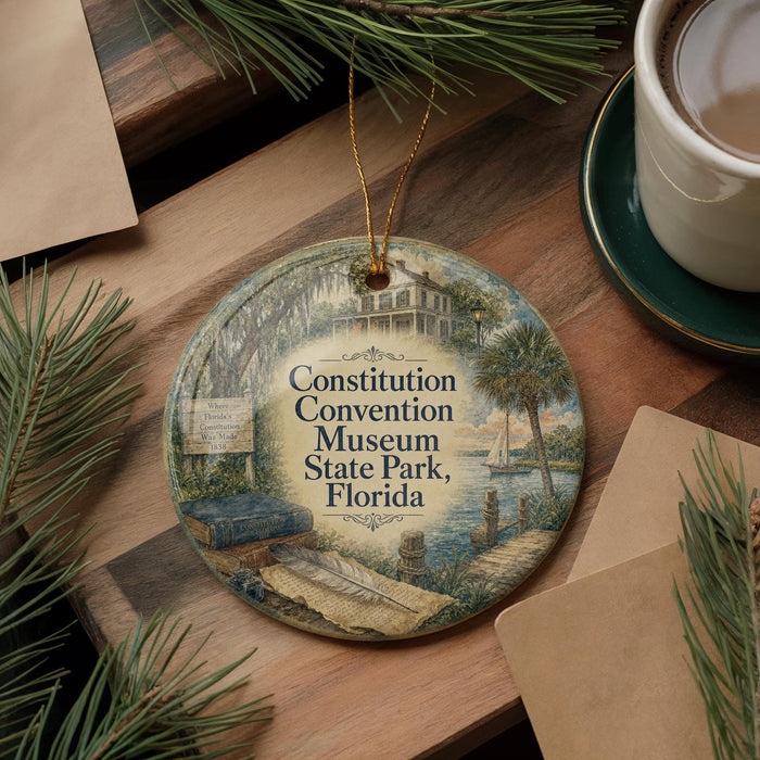 A decorative ornament with the text "Constitution Convention Museum State Park, Florida" on it, surrounded by pine branches and a cup of coffee on a wooden surface.