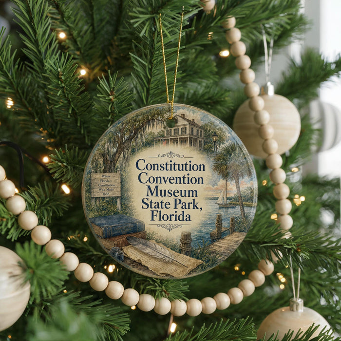 A round ornament hanging on a Christmas tree, featuring an illustration of the Florida Convention Museum and its surrounding landscape.