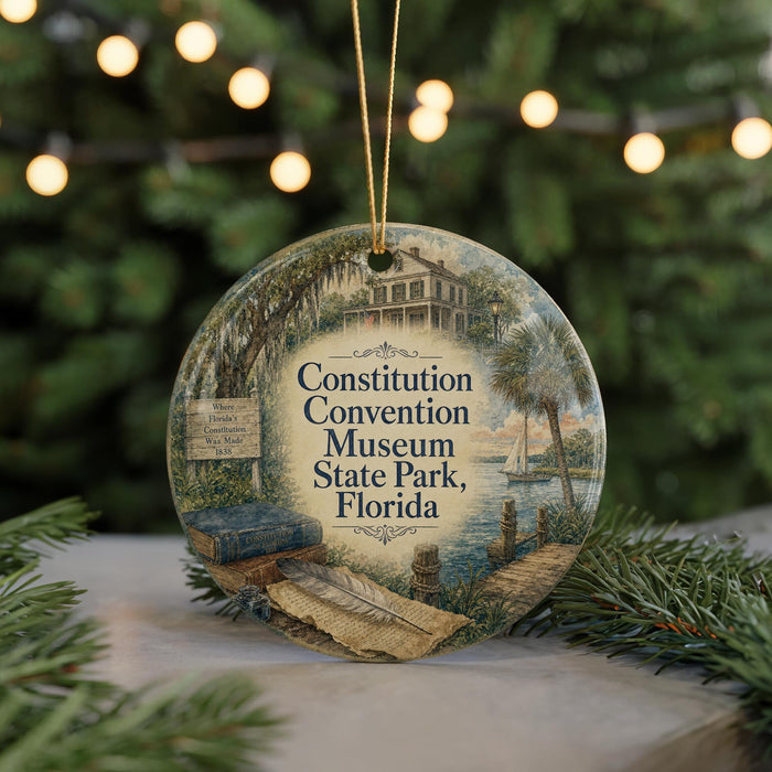 A decorative ornament featuring the Constitution Convention Museum in Florida, with a scenic image of the museum and surrounding landscape.